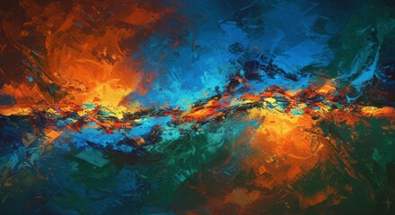 Obraz premium Abstract Impasto Painting Vibrant Orange Teal and Blue Hues