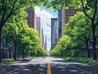 Obraz premium Lush Green City Street Under Partly Sunny Sky