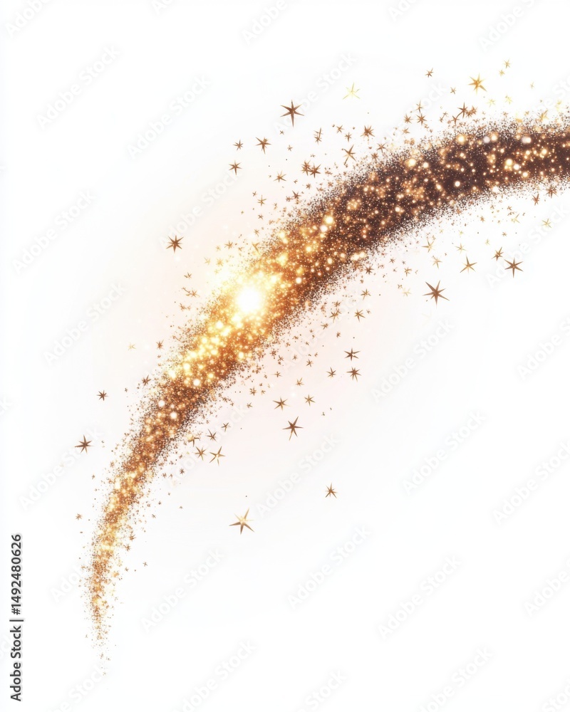 Poster golden glitter stream flowing diagonally on white background light burst with stars sparkles and dus
