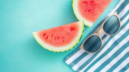 Watermelon slices and sunglasses on a light teal background.