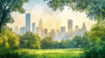 Fototapeta premium Lush Green Park Cityscape at Sunrise. Pixel Art Style