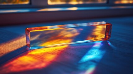 Clear rectangular prism with vibrant light reflections