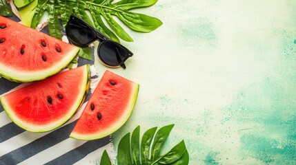 Fresh watermelon slices with sunglasses and tropical leaves.