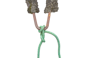 Green Rope Tied on Rusty Metal Rods Isolated on Transparent Background
