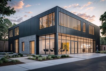 Obraz premium Sleek Exterior of a High-Tech Warehouse with Contemporary Office Section