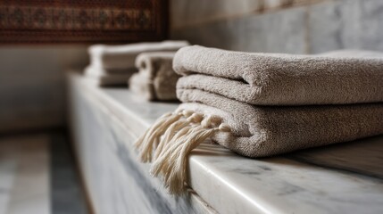 Luxuriously folded towels rest on a marble surface, epitomizing comfort and opulence in a serene setting.