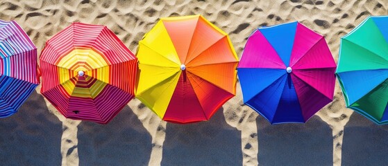 Colorful beach umbrellas on sandy shoreline.