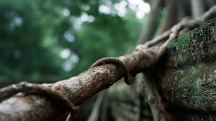 Obraz premium A close-up of intertwined roots against a lush forest backdrop, illustrating nature's resilience and the intricate beauty of organic connections.