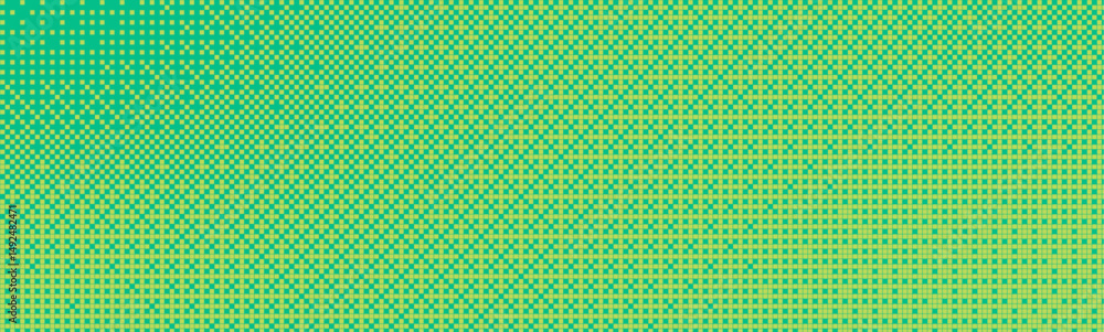 Poster Pixelated bitmap gradient texture in yellow and green color. Retro pixel art, glitch dither pattern, 8 bit background. Leisure or arcade games duotone border frame. Vector illustration