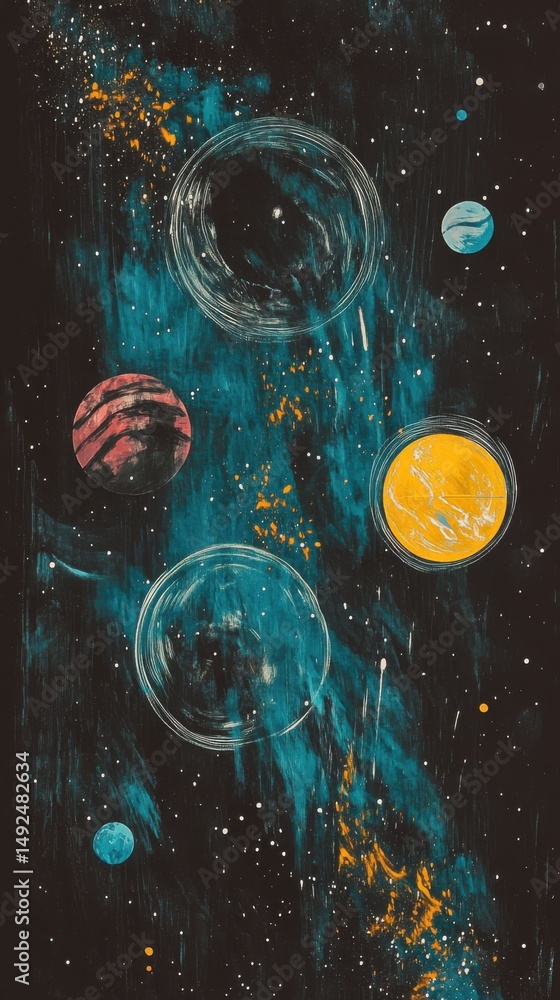 Poster abstract space art painting of planets and stars on canvas with brushstrokes and texture from above