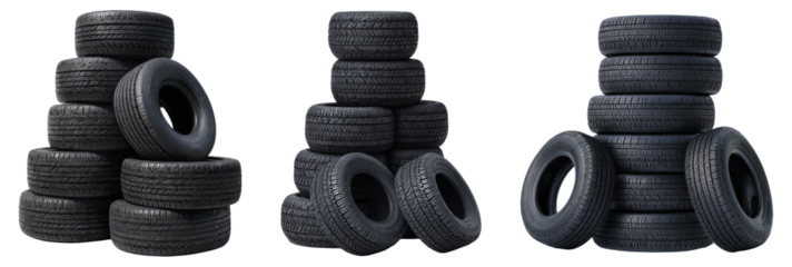 Set of stacked black car tires in various arrangements, isolated on transparent background
