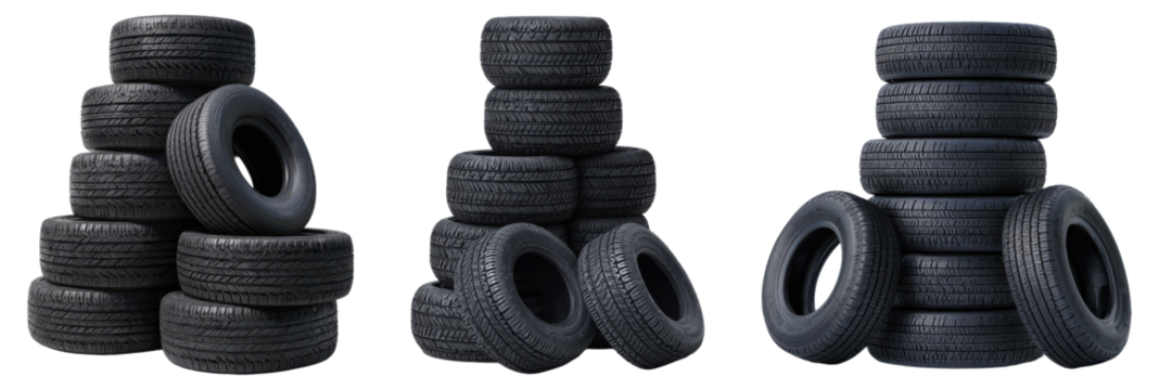 Set of stacked black car tires in various arrangements, isolated on transparent background