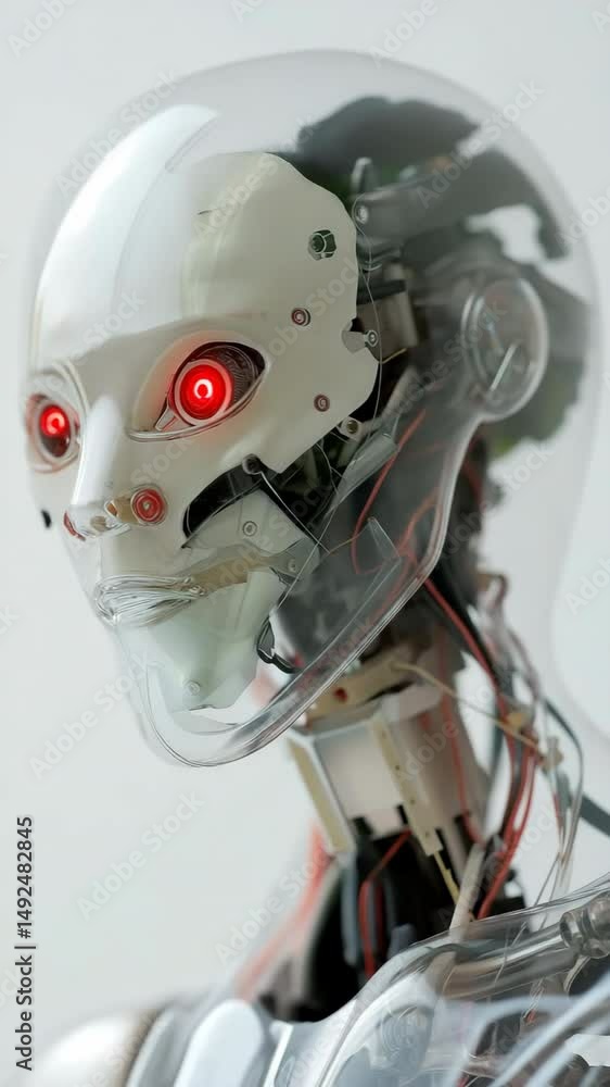 Poster a robot with red eyes and a white face. the robot is made of plastic and has wires coming out of it.