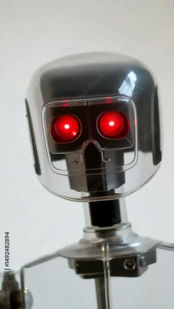 Poster a robot with red eyes and a skull on its head. the robot is made of clear plastic and has a metallic