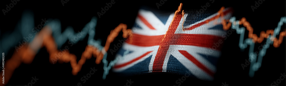 Poster navigating financial tides: the union jack flag is subtly juxtaposed with the fluctuating line graph