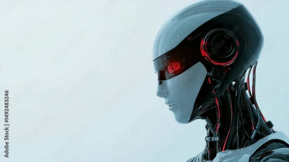 Poster a robot with red eyes and a black helmet. the robot is looking at the camera. the robot is wearing a