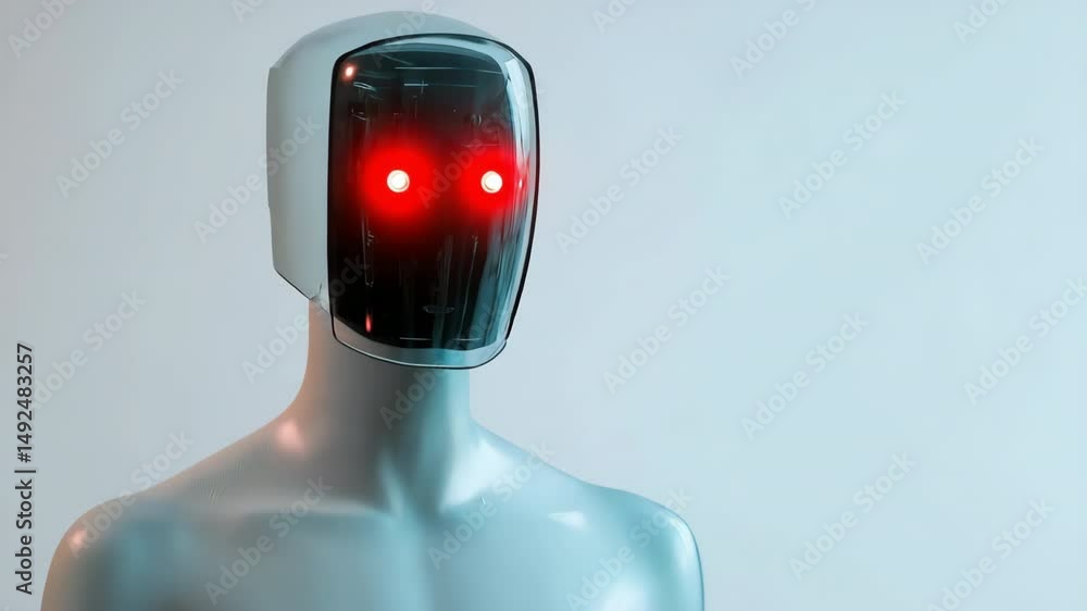 Poster a robot with red eyes stands in front of a white wall. the robot's face is made of a clear material,
