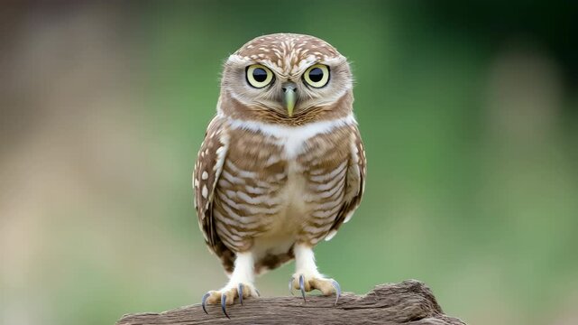 A small owl is standing on a log. The owl is looking at the camera. The image has a calm and peaceful mood