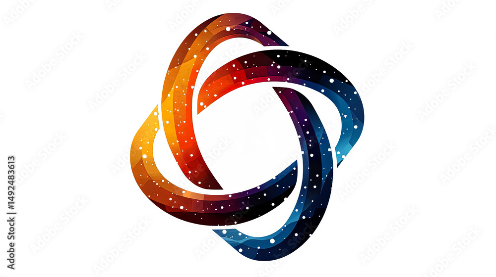 Poster colorful design of a triangle with a circle inside of it. the triangle is orange and blue and the ci