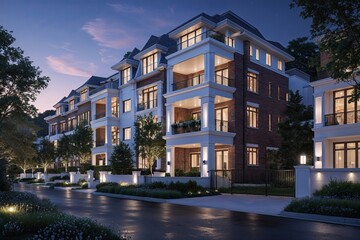 Fototapeta premium Chic Residential Complex at Twilight with Shimmering White Accents and Elegant Brickwork