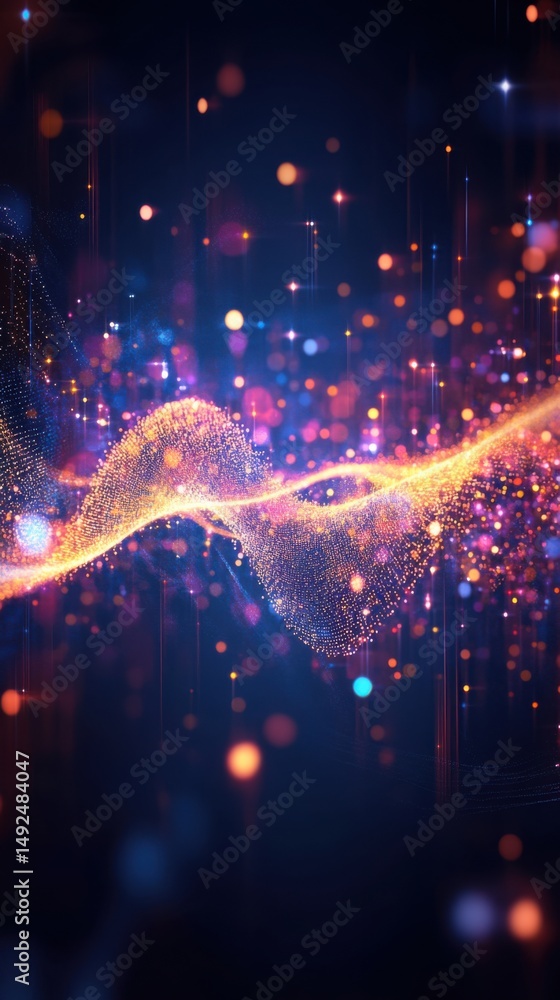 Aufkleber abstract digital wave of glowing particles on dark background, futuristic data stream visualization,