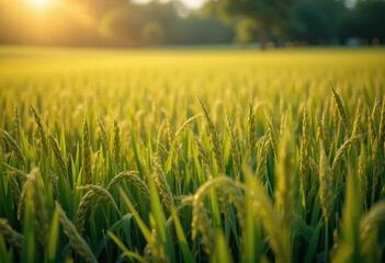 Tranquil Sunrise Scene: A Golden Rice Paddy Under a Soft Morning Glow