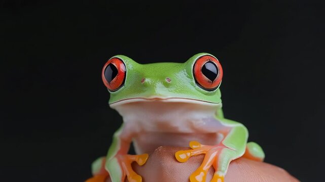 A green frog with red eyes is sitting on a rock. The frog is looking at the camera