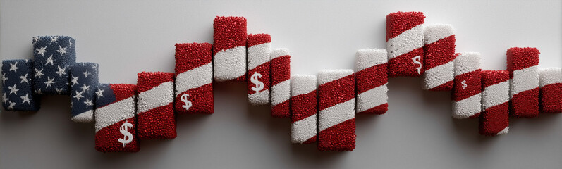 American Flag Graph: An abstract, patriotic design with the American flag motif morphs into a fluctuating graph, adorned with dollar signs, representing financial trends and market dynamics.