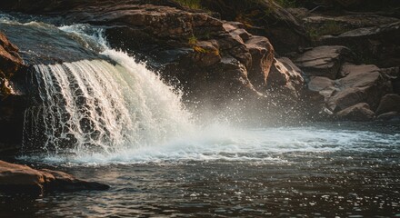 Serene Waterfall Cascading Over Rocks Natural Water Flowing Tranquil Nature Scene