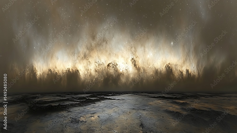 Poster ethereal cosmic event outer space digital art mysterious atmosphere wide angle view imagination