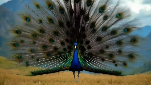 Single Peacock Displaying open full Feathers on green grass field background. Suitable for marketing or business purposes