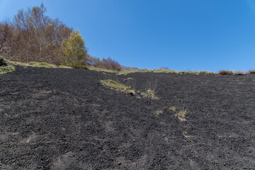 Fototapeta premium Volcanic slope with sparse grass and blue sky