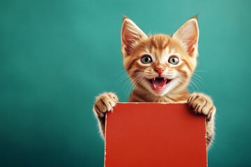 Isolated young cat on a solid attire green background. Studio pet with sign. &ETH;&iexcl;ute cat siberian hold in front paws a template - large red avenue sign. Sign holder in frame. Friendly animal pose.