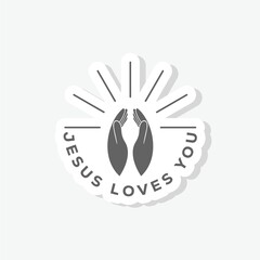 Jesus loves you Lettering praying hands icon sticker isolated on gray background