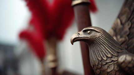 A regal brass eagle head against a blurred background, symbolizing power and freedom with a touch of historic intrigue.