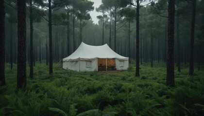 Tent in Misty Forest Surrounded by Tall Trees and Lush Ferns