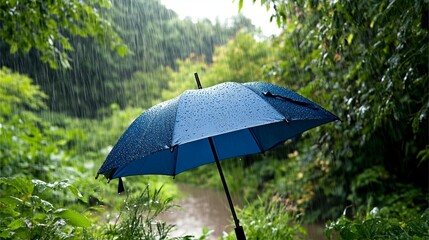 Blue umbrella in rain lush greenery nature photography