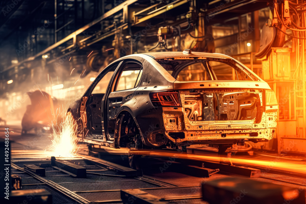 Poster car is being built in a factory. the car is in the process of being assembled and is surrounded by o