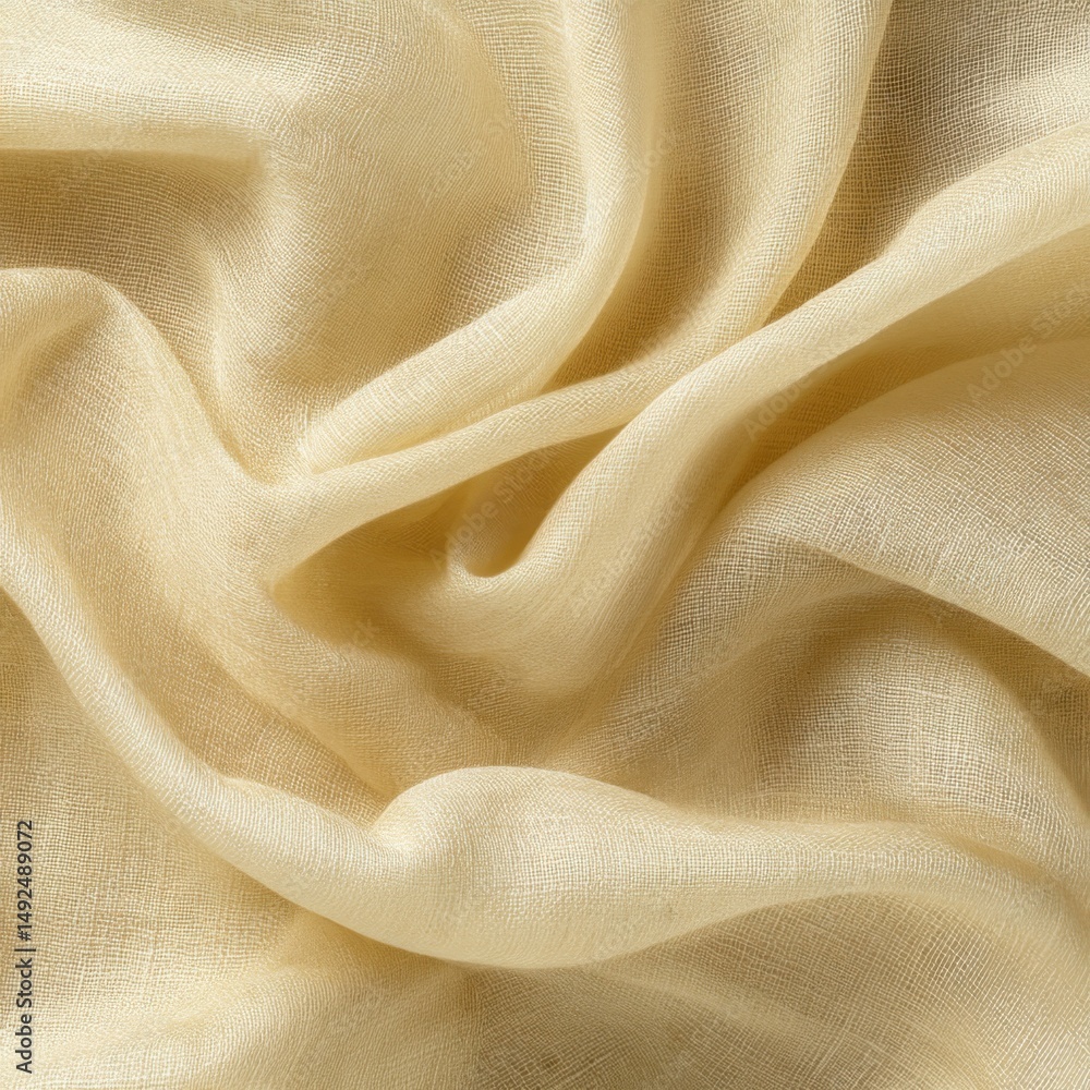 Poster close-up of soft cream linen fabric with delicate folds and texture, studio shot for textiles and fa