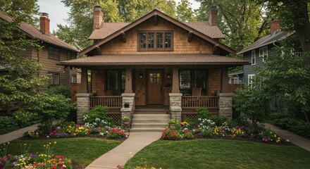 Charming home exterior with landscaped garden warm wood and stone facade inviting entrance in residential setting
