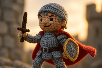 Obraz premium handmade crochet knight doll posed in a heroic stance