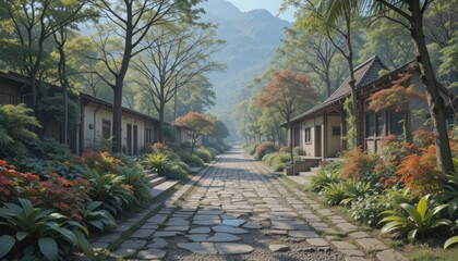 Serene Pathway Through Lush Green Forest and Traditional Houses
