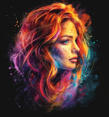 Side profile of a woman with vibrant orange hair and freckles, surrounded by colorful paint splashes. Artistic digital illustration blending photorealism with abstract elements in teal and yellow hues