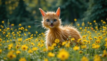 Adorable Orange Kitten Surrounded by Bright Yellow Flowers in Nature