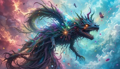 Colorful Fantasy Creature with Fiery Eyes and Lush Vegetation Elements