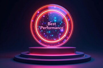 Neon best performance award on a pedestal with cosmic background