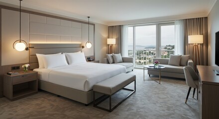 Contemporary hotel suite interior with city view modern bedroom with plush bed in luxury setting