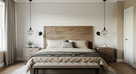 Cozy bedroom interior with wooden accents and soft lighting perfect for relaxation and comfort