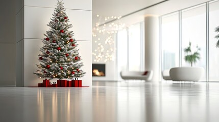 White Christmas Interior With Decorated Xmas Tree, Large Panoramic Window. 3D Rendering