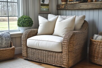 Fototapeta premium Elegant Beige Wicker Chair Nestled in Homey Corner